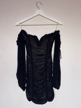 Fashion Nova Black Off-Shoulder Ruched Long Sleeve Mini Dress